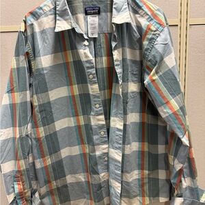 Patagonia Plaid Button-Up Shirt in Teal, Cream, Orange and Blue
